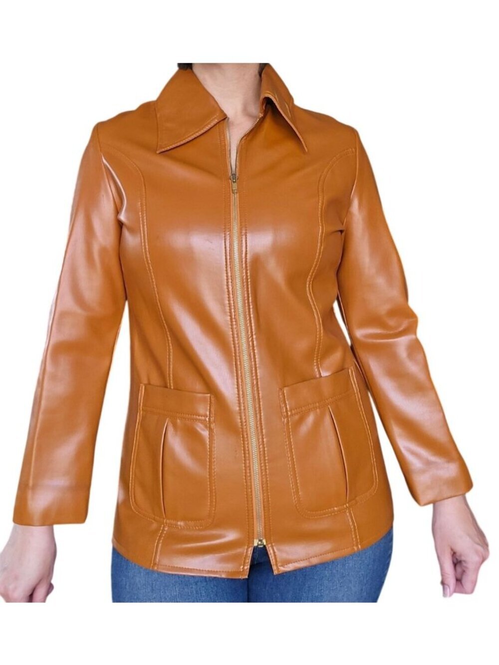 Vintage 70s Fingerhut Fashions Vegan Caramel Leather Jacket Women Sz 14 Modern L